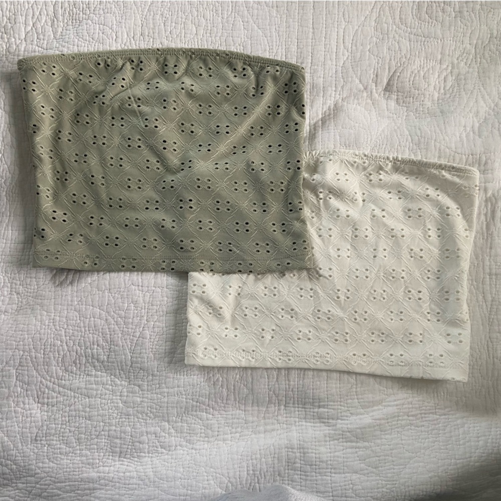 Love Tree Green and White Eyelet Going Out Strapless Crop Tops